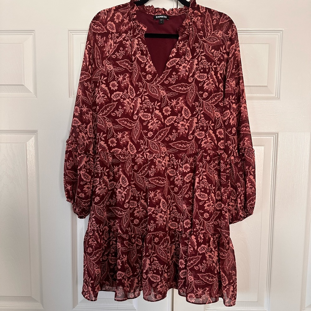 Express Floral Ruffle Neck Tiered Mini Shift Dress Size Large